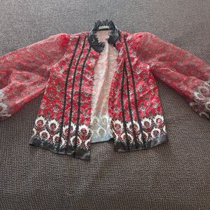 Alice + Olivia Red and Black Floral Sheer Blouse